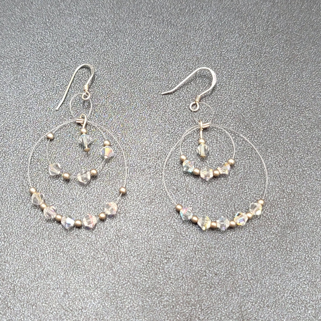 Pierced Earrings Floating Bicone AB Crystal Bead Dangle Hoops 1.75"