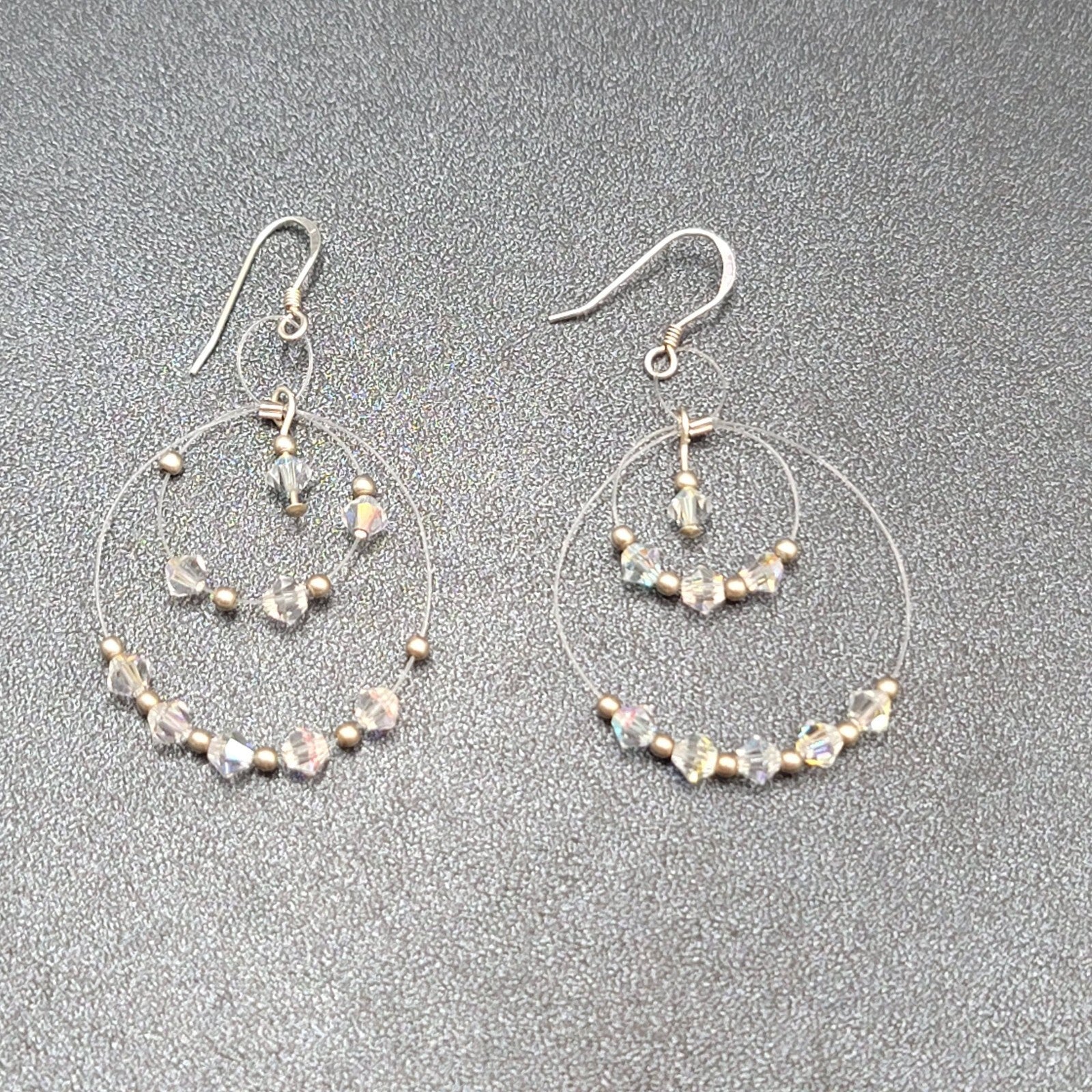 Pierced Earrings Floating Bicone AB Crystal Bead Dangle Hoops 1.75"