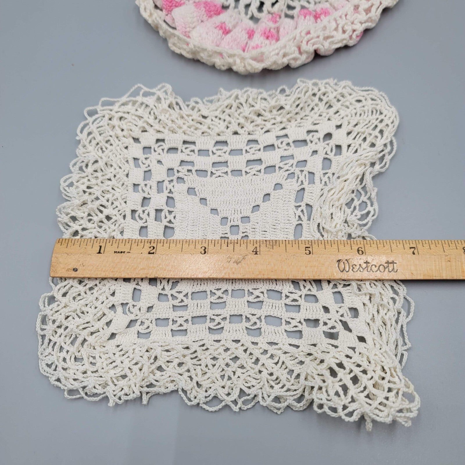 2 Vintage Crocheted Doilies Pink White Green Flowers
