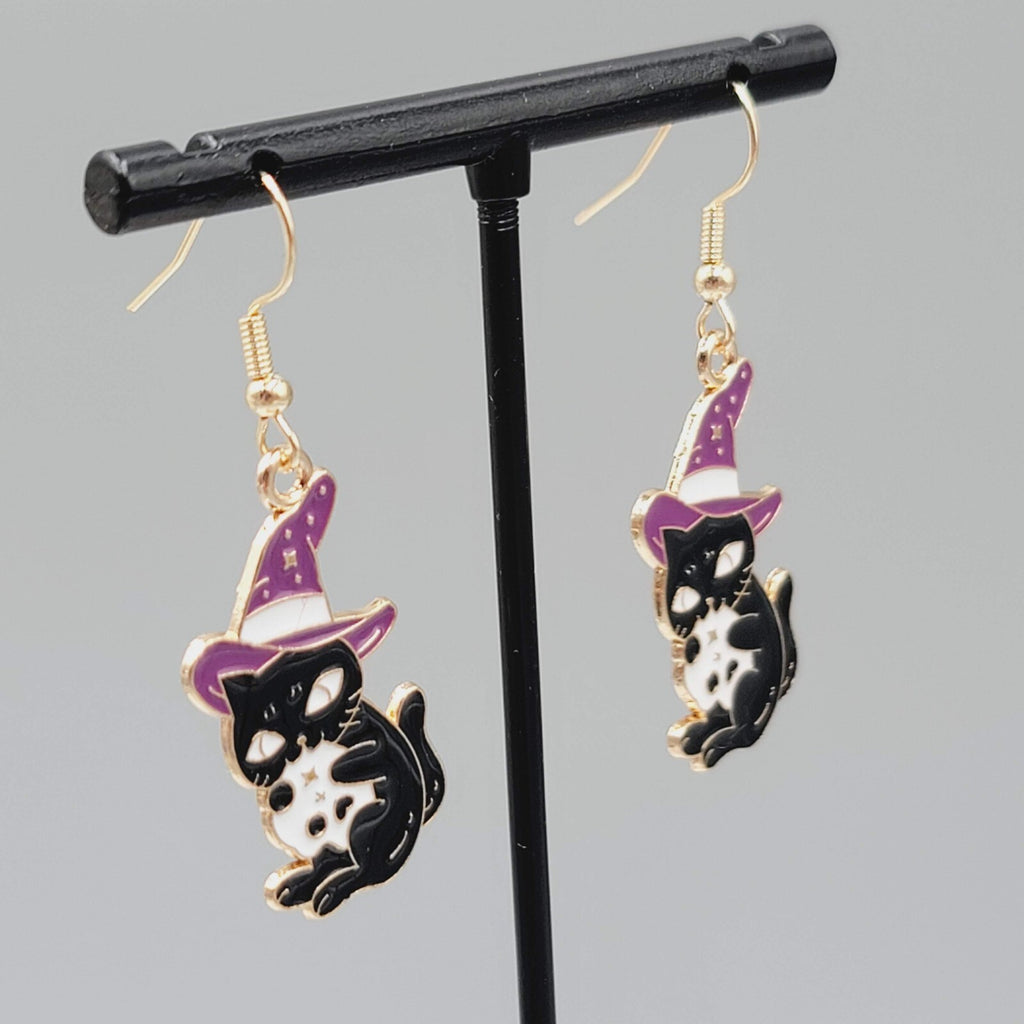 Black Cat Witch Pierced Earrings Enamel Gold tone Dangle New 1.25"