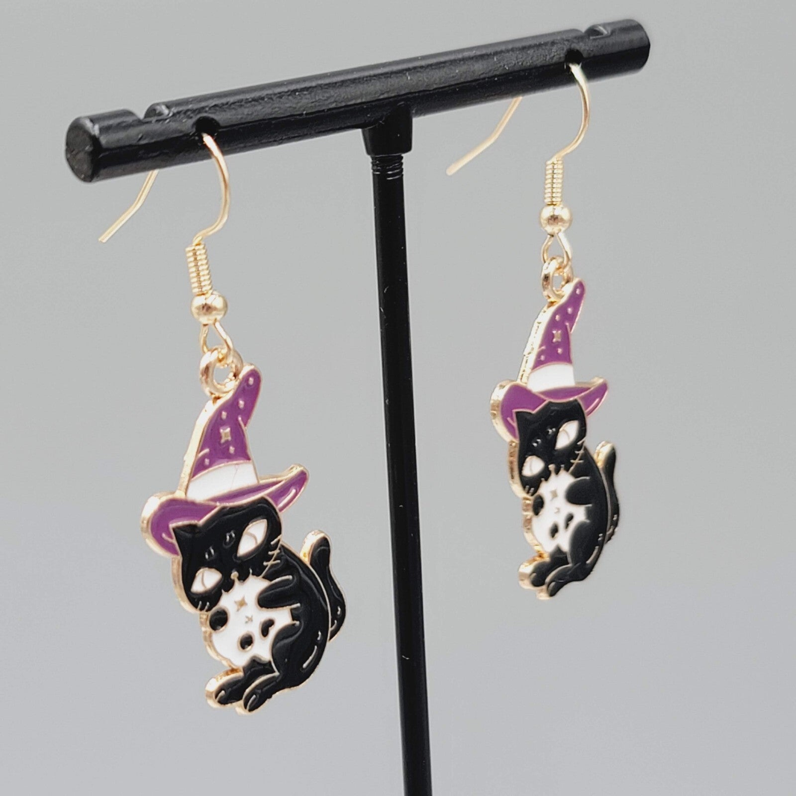 Black Cat Witch Pierced Earrings Enamel Gold tone Dangle New 1.25"