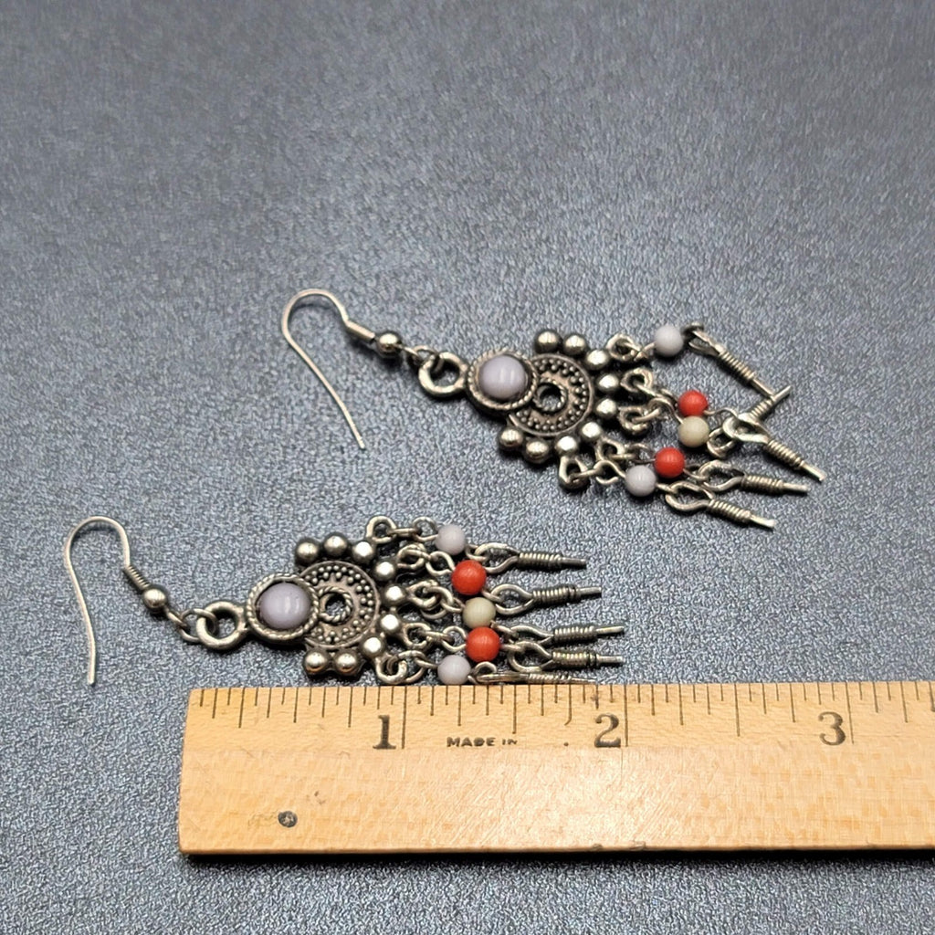 Boho Pierced Earrings Silver tone Beaded Chandelier 2.25"