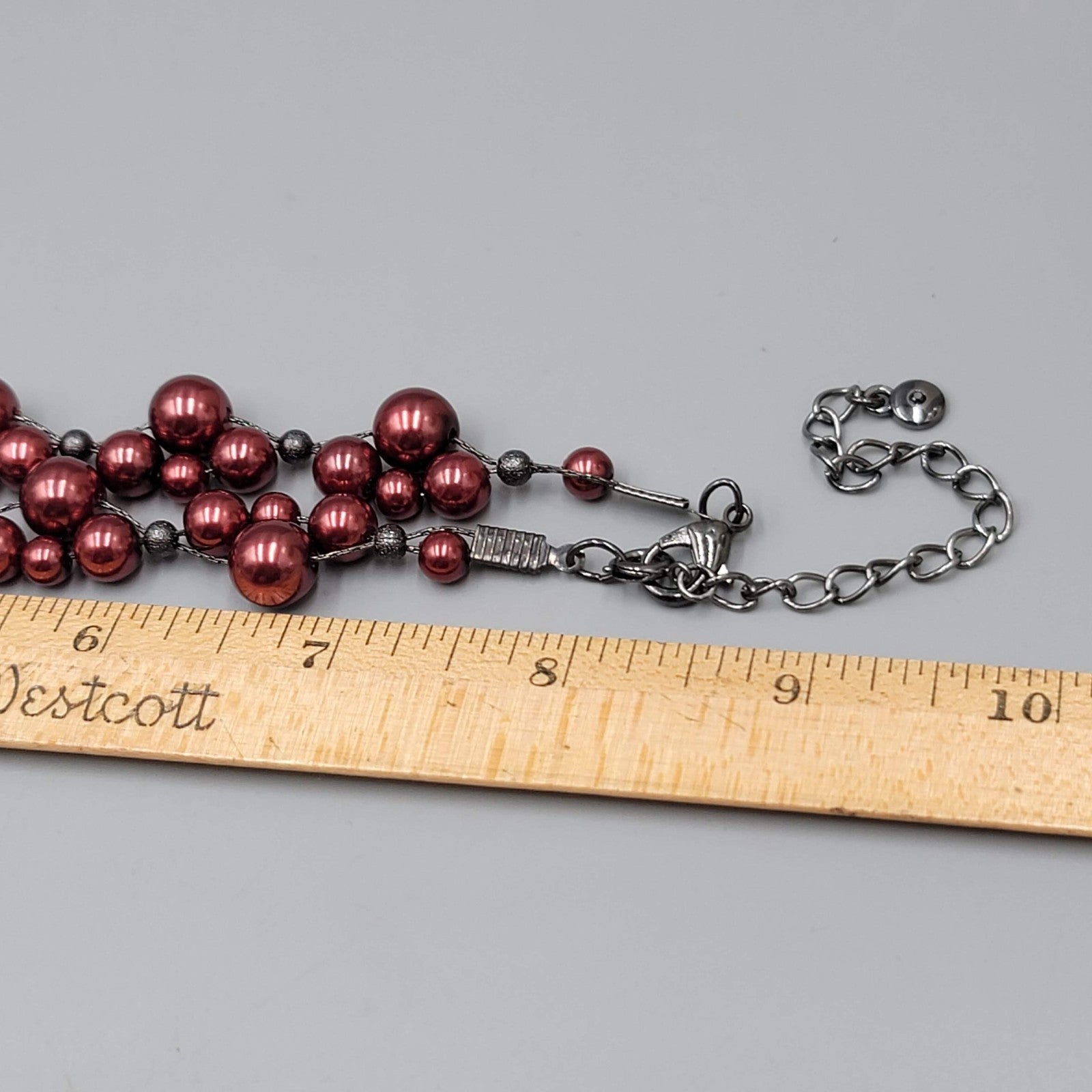 Statement Beaded Necklace Red Faux Pearls Silver Tone Cluster Adjustable 16-18"