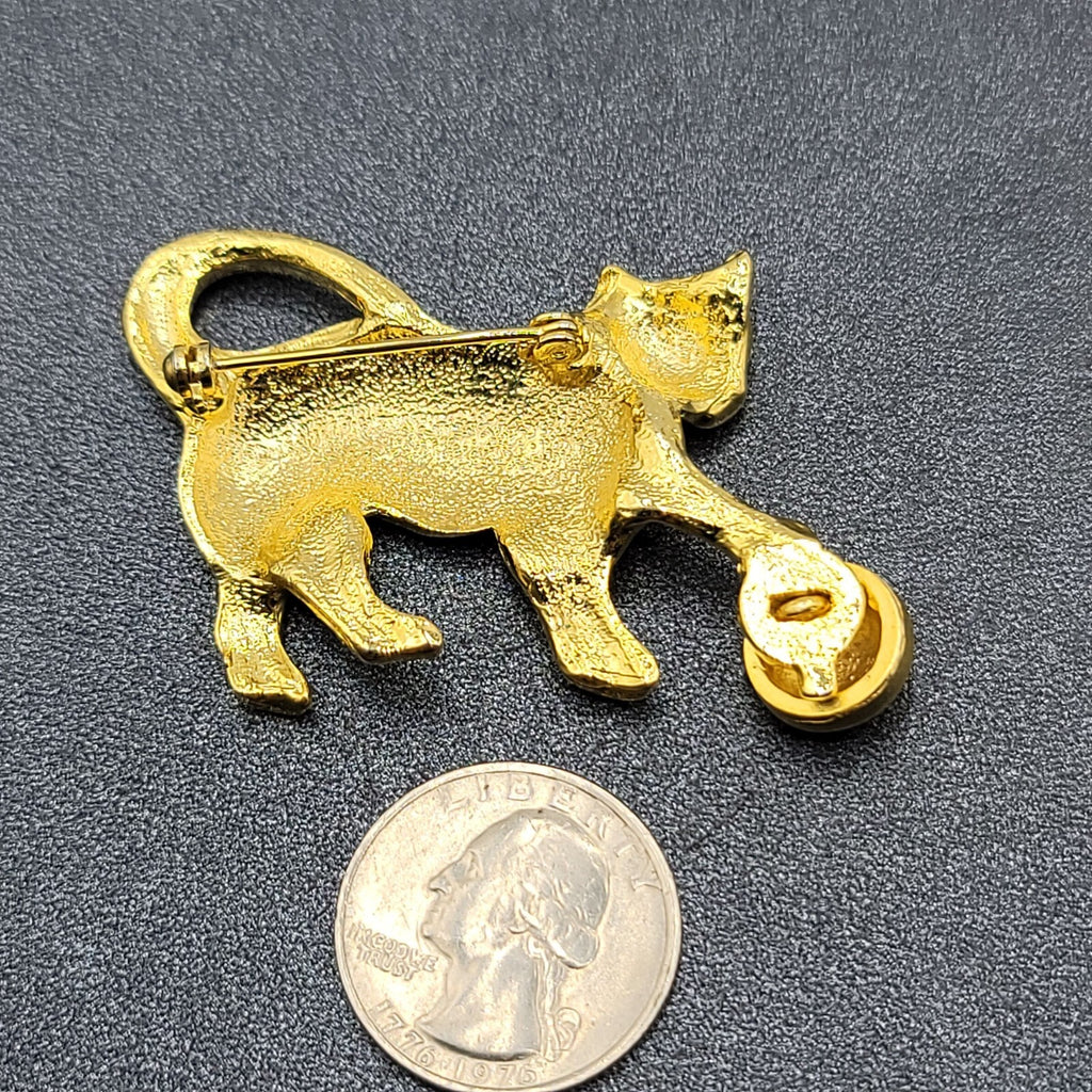 Vintage Brooch Gold Plated Cat Kitty Playing with Ball Polished 2.5"