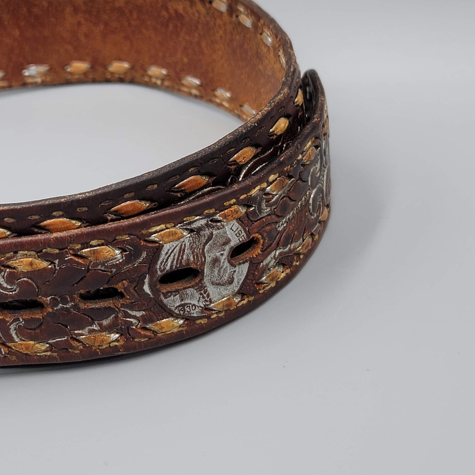 Vintage Cowtown Leather Buffalo Nickel Embossed Belt Small Pre-owned