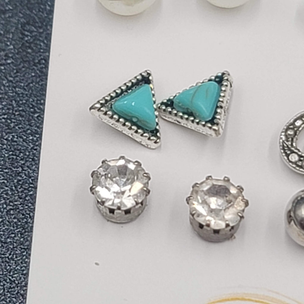 Lot of 8 Pierced Earrings Silver tone Studs Faux Turquoise Heart Marcasite