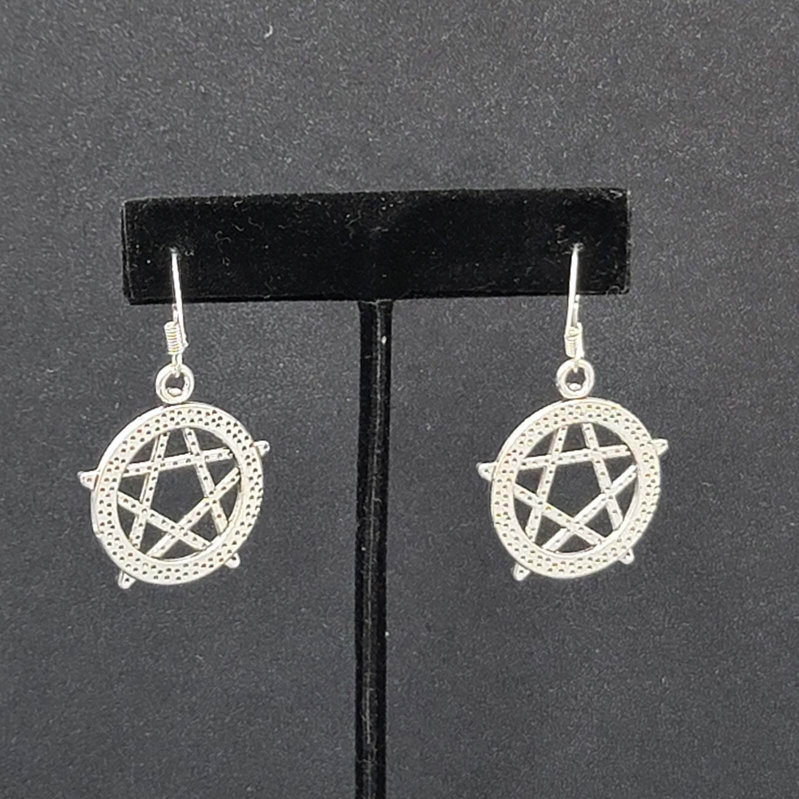 Pentacle Pierced Earrings Silver tone Witch Pentagram Dangle 1 1/8"
