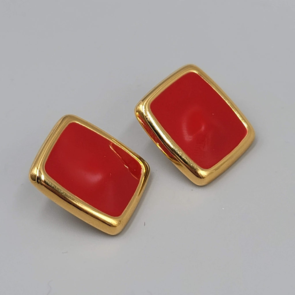Vintage Monet Pierced Earrings Red Enamel Gold Plated Rectangle Drop 7/8"