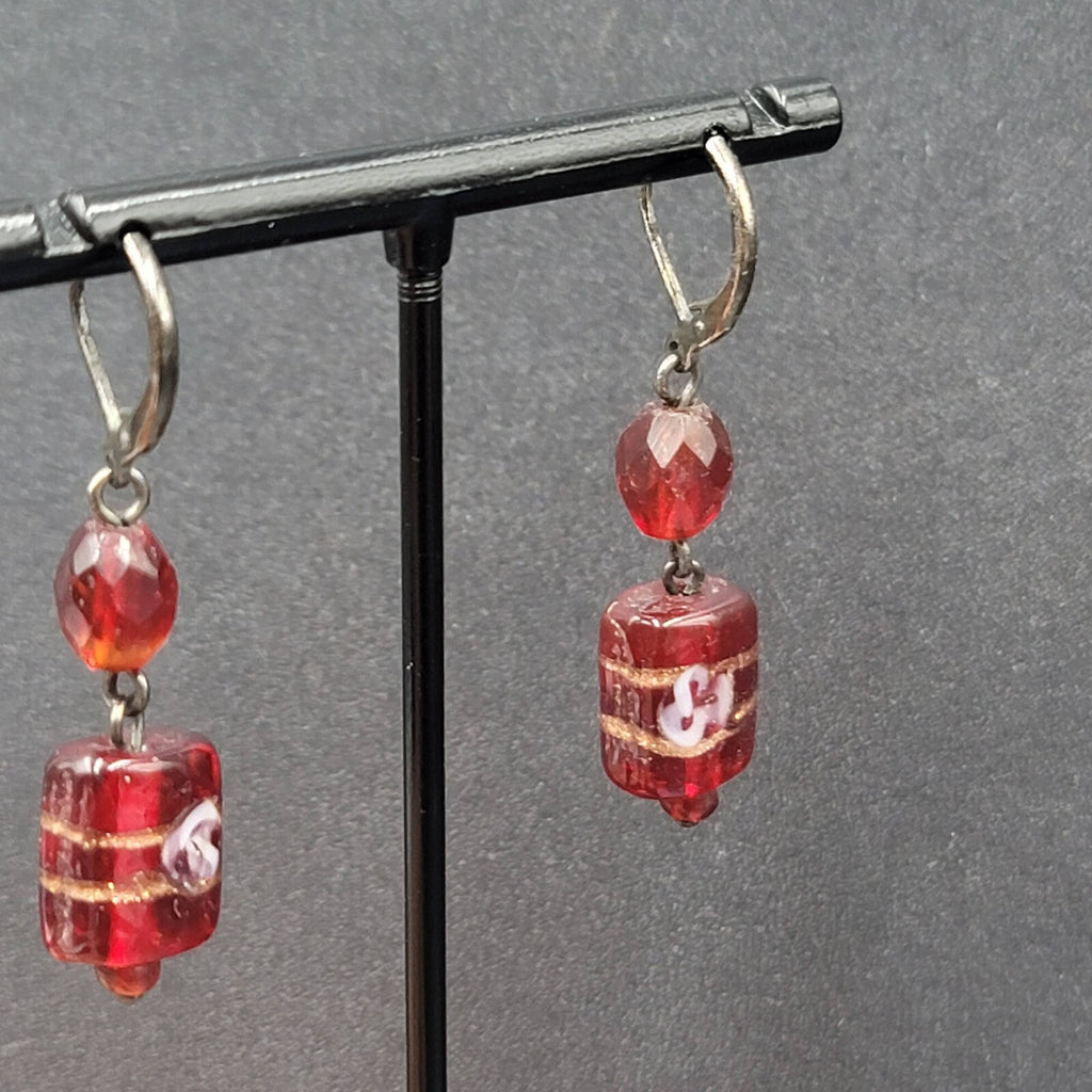 Pierced Earrings Black Metal Red Art Glass Beads 1.25"