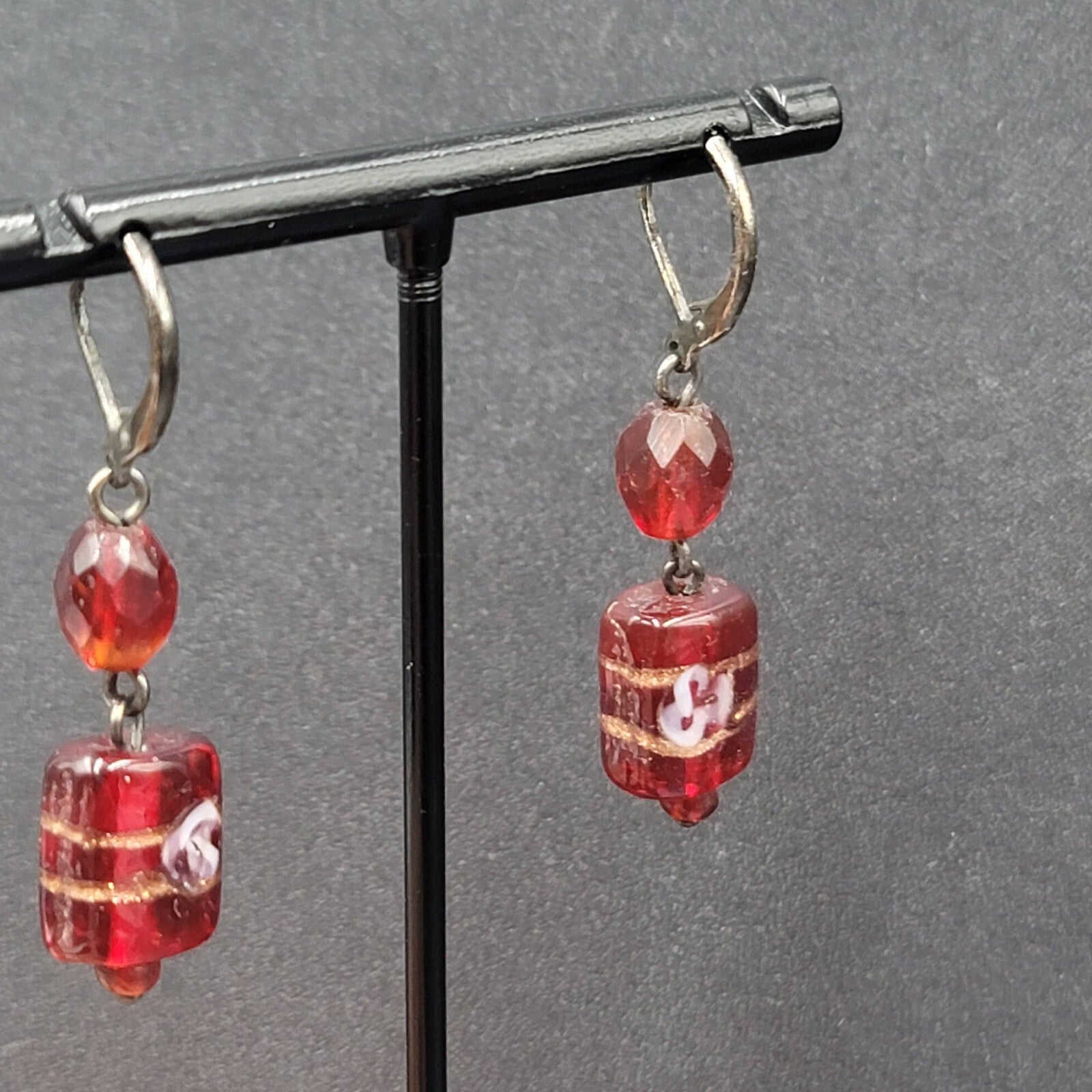 Pierced Earrings Black Metal Red Art Glass Beads 1.25"