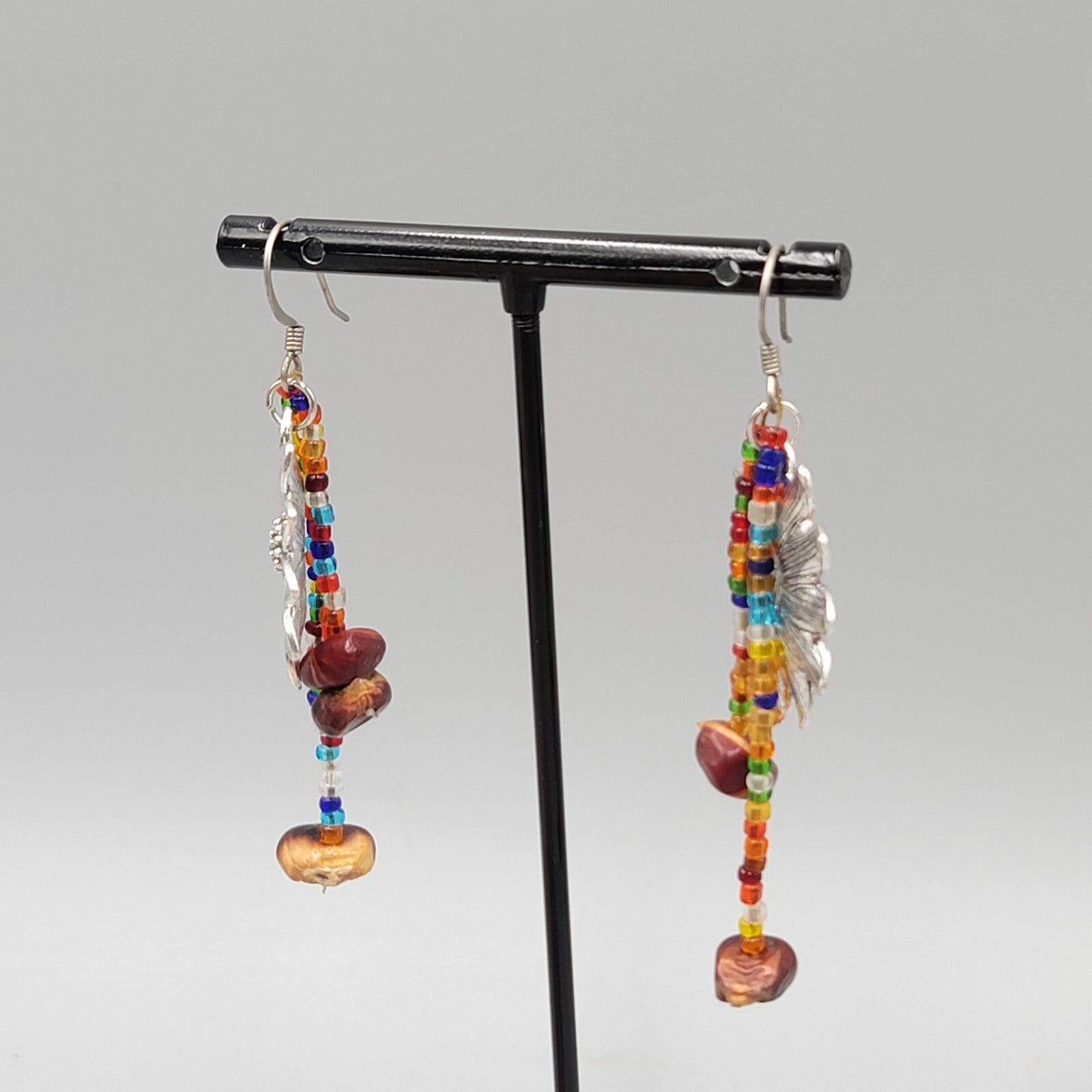 Flower Pierced Earrings Seed Beads Silver tone Dangle 2.25"