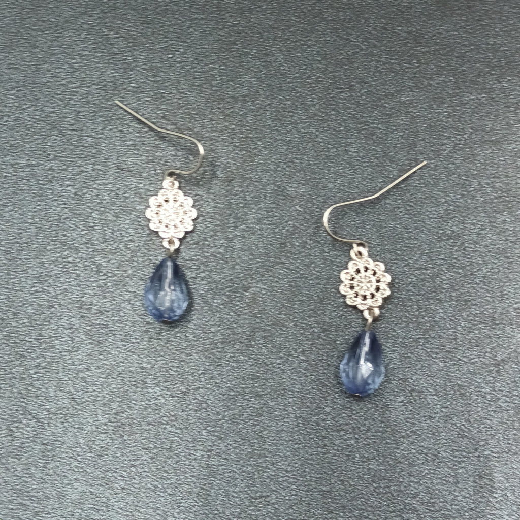 Pierced Earrings Silver tone Open Work Blue Faceted Glass Bead Dangle 1 1/4"