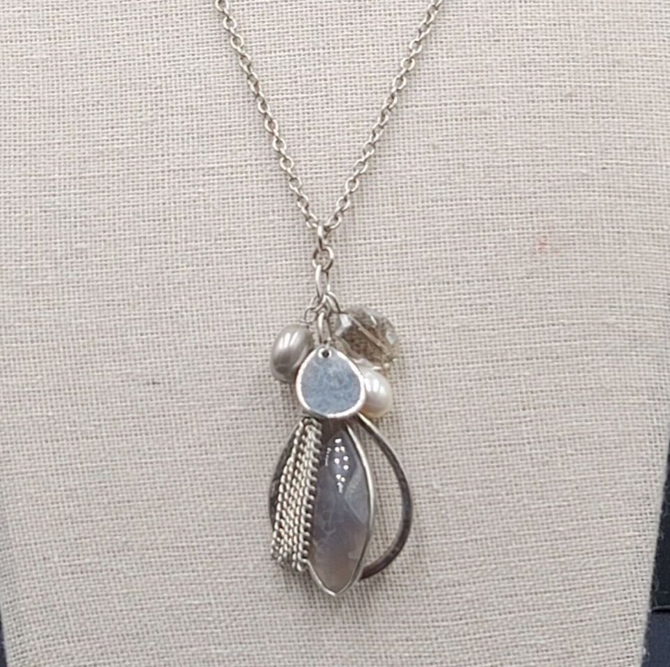 LOFT Pendant Necklace Silver tone Gray Stone Pearl LONG 32"