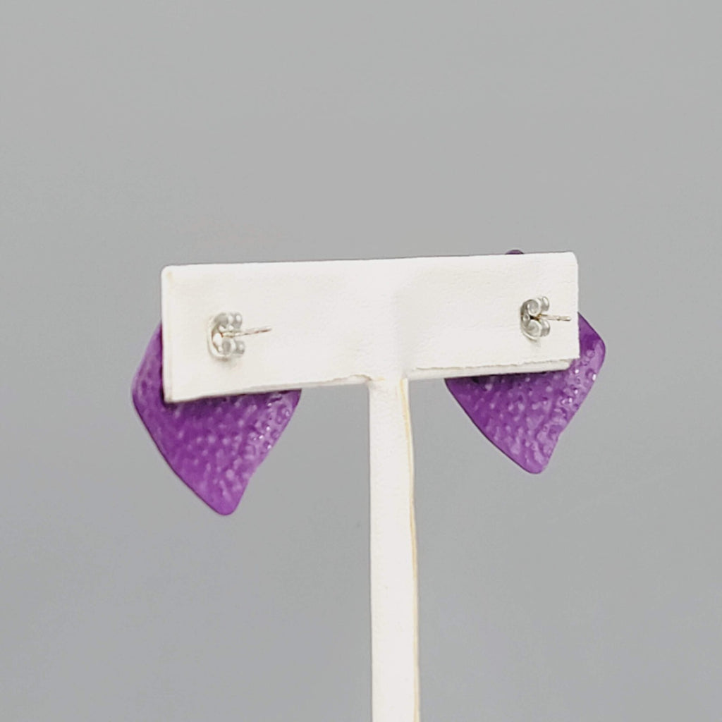 Vintage Purple Enamel Pierced Earrings Textured Metal Square Drop 1"