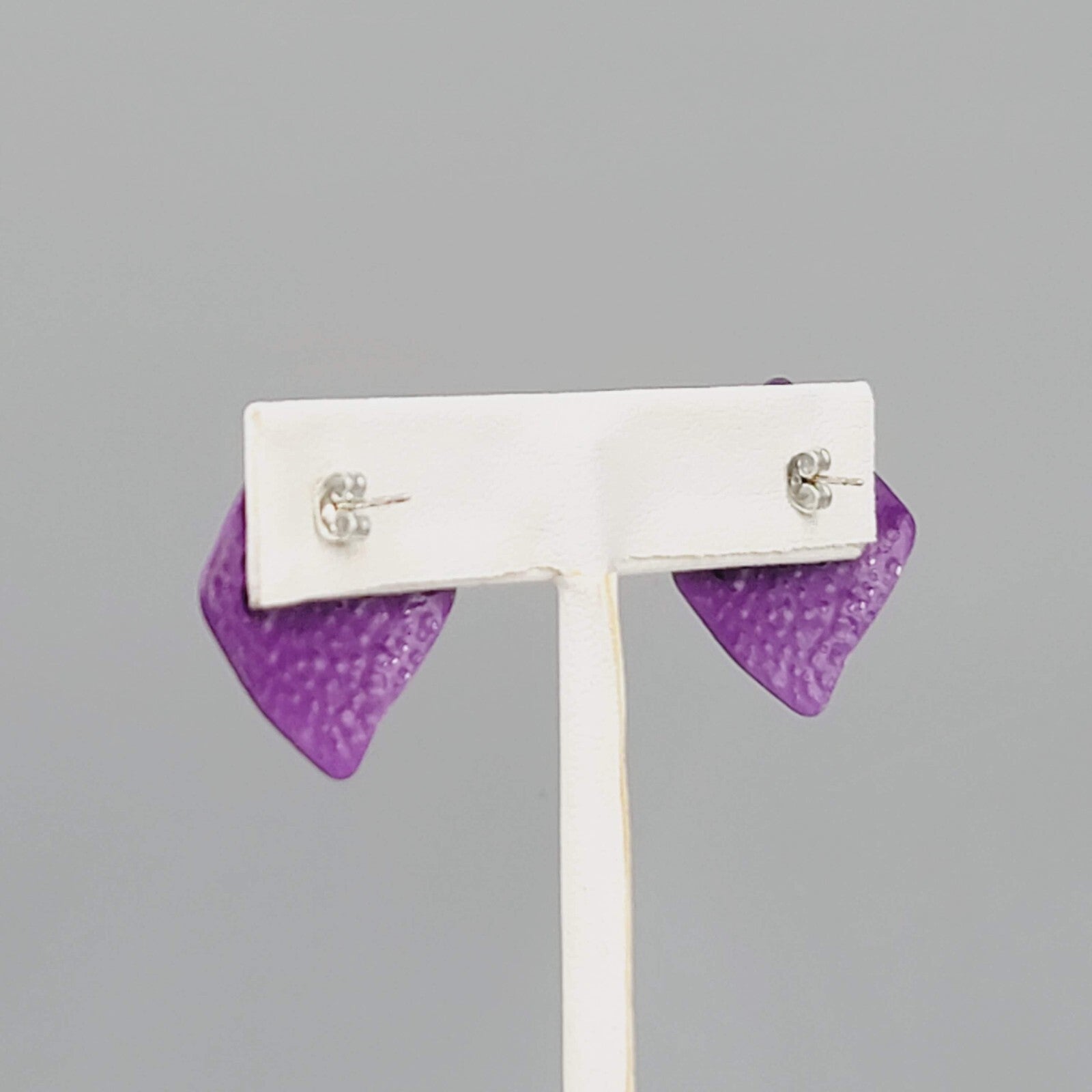 Vintage Purple Enamel Pierced Earrings Textured Metal Square Drop 1"