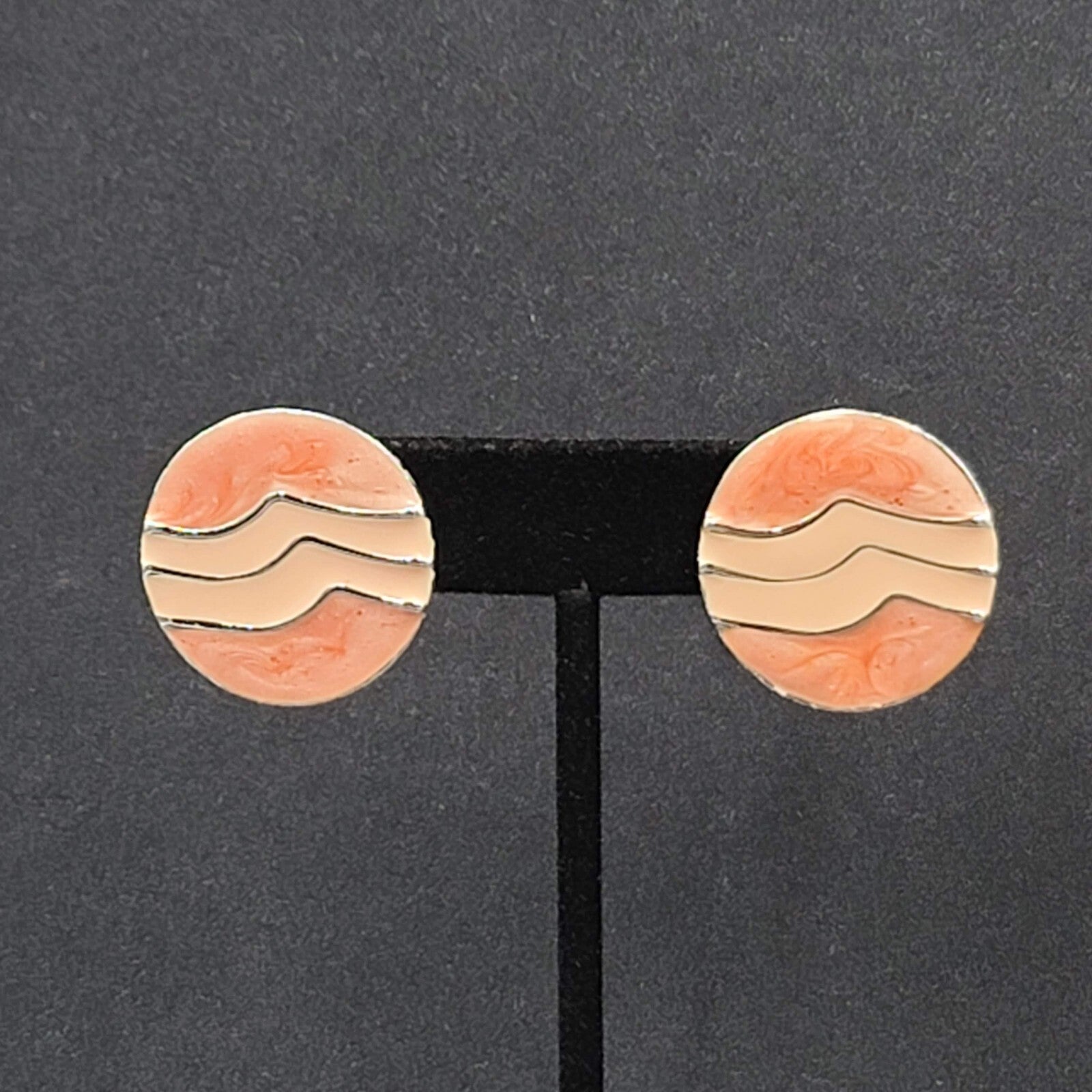 Vintage Pierced Earrings Silver tone Round Pink Swirl Enamel Drop 1"