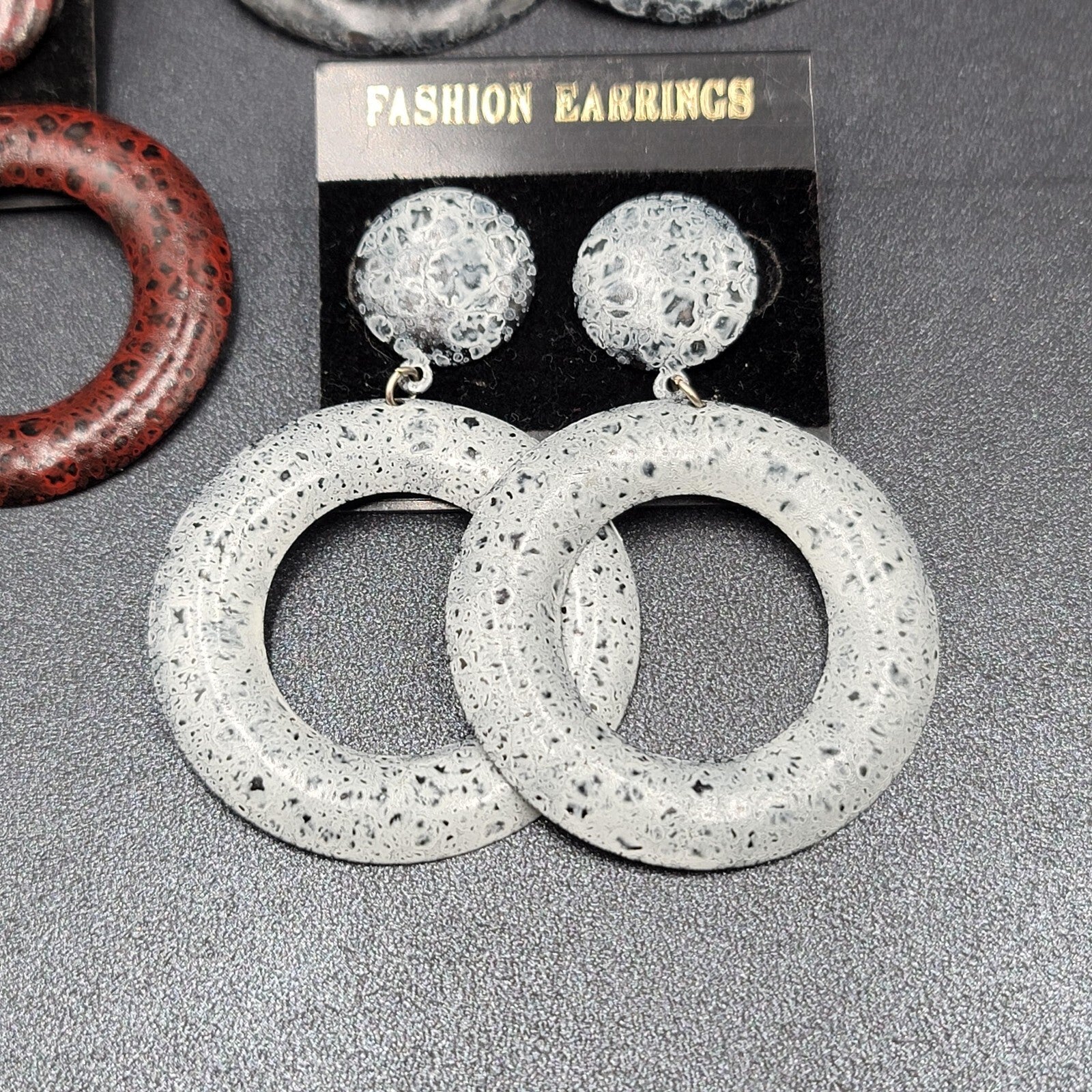 Lot of 3 Pierced Earrings NOS White Gray Red Speckled Enamel Hoops