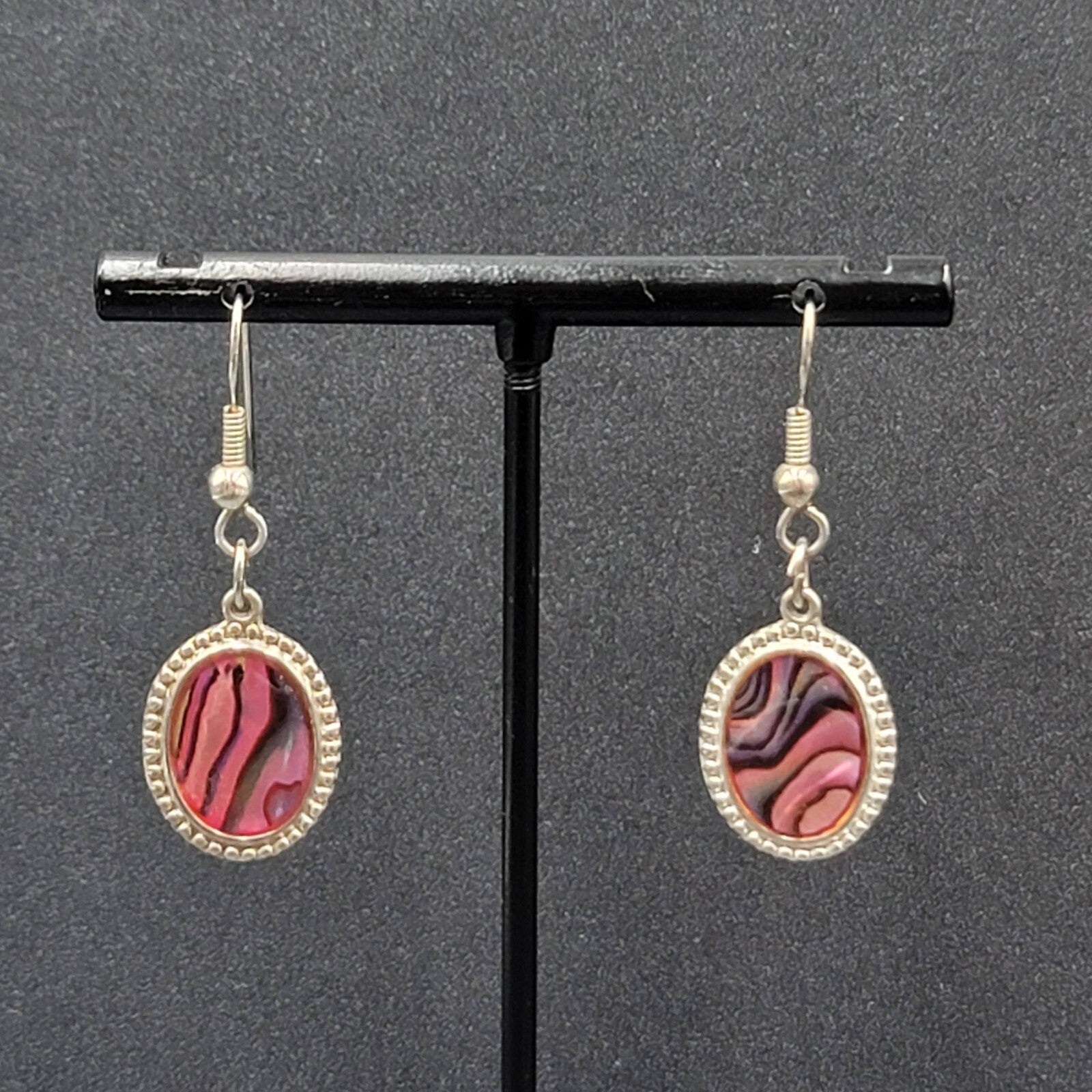 Vintage Pierced Earrings Silver tone Oval Faux Abalone Dangle 3/4"