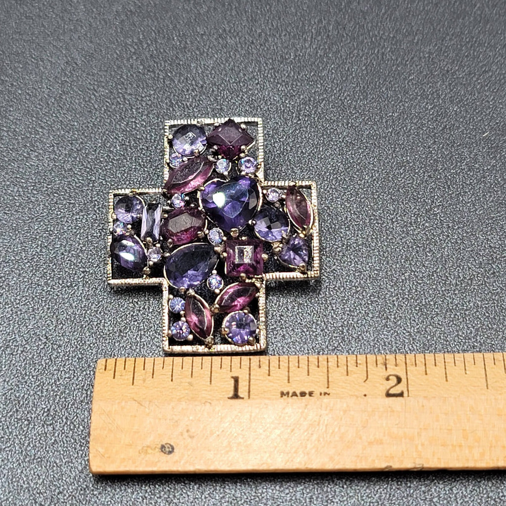 Rhinestone Brooch Purple Prong Set Heart Silver tone Cross Estate Jewelry 1 5/8"