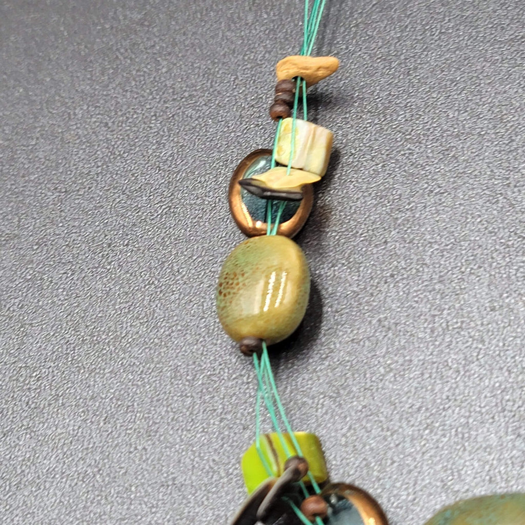 Premier Designs Necklace Green Pottery Beads Blue Thread 18"-21"