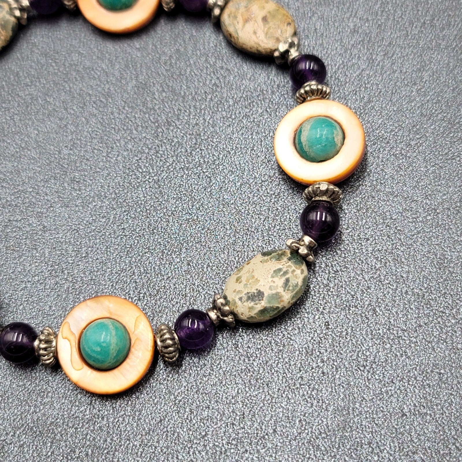 Multi Gemstone Beaded Bracelet Jasper Amethyst Shell Elastic 8.5"