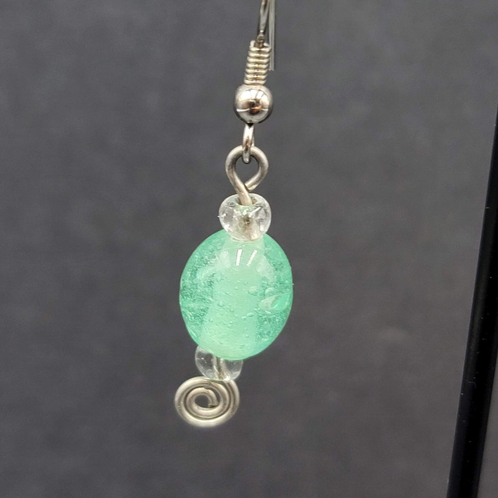 Pierced Earrings Silver tone Green Glass Beads Dangle 1"