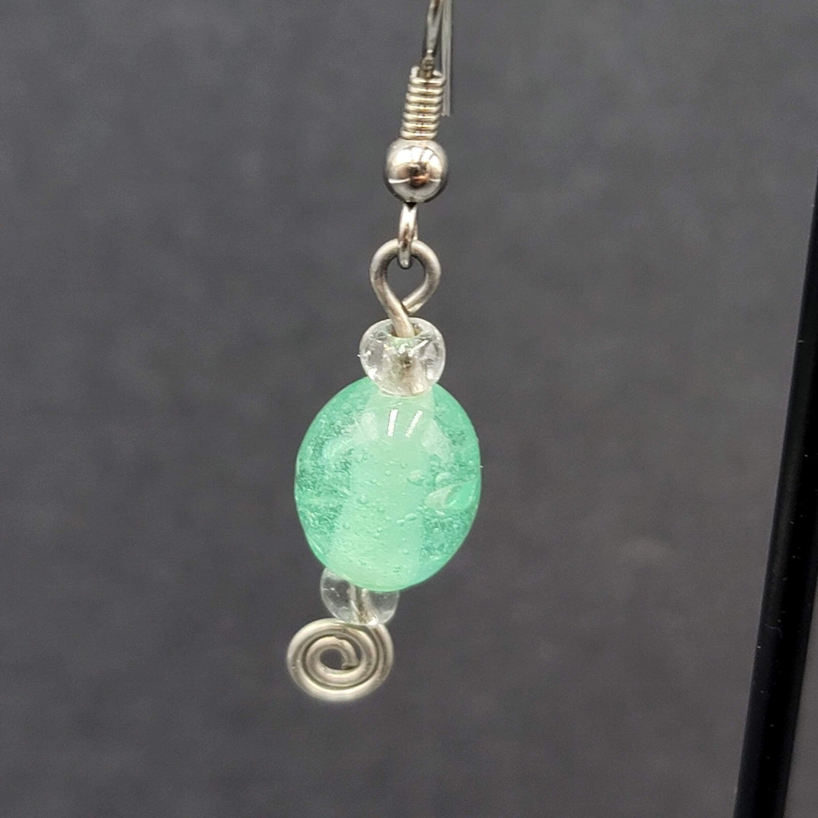 Pierced Earrings Silver tone Green Glass Beads Dangle 1"