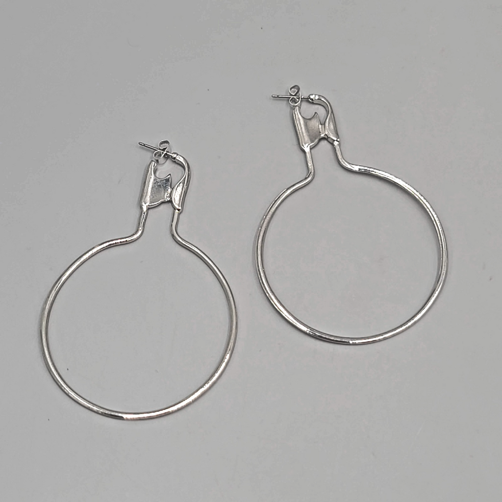Extra Large Safety Pin Style Hoops Pierced Earrings Silver tone Dangle 3.25"