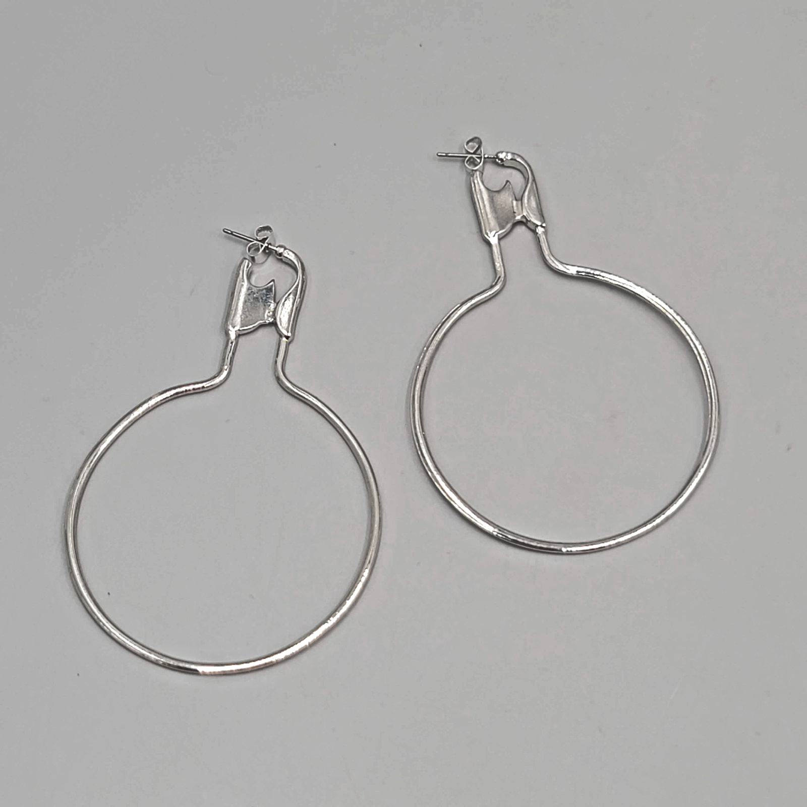 Extra Large Safety Pin Style Hoops Pierced Earrings Silver tone Dangle 3.25"