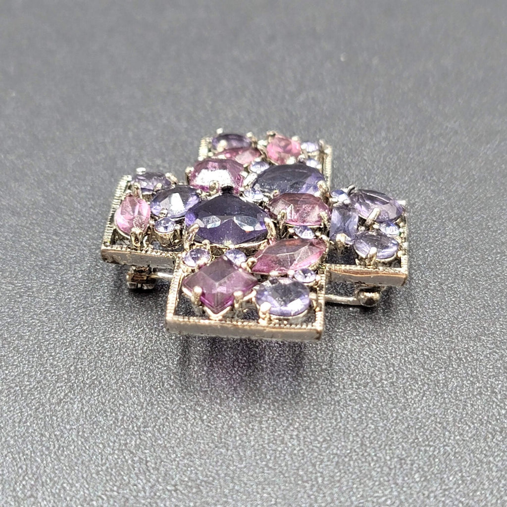 Rhinestone Brooch Purple Prong Set Heart Silver tone Cross Estate Jewelry 1 5/8"