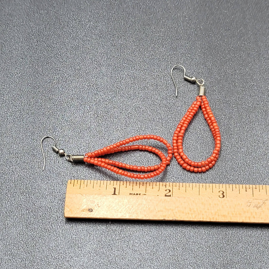 Pierced Earrings Red Seed Bead Double Teardrop Loops Dangle 2"