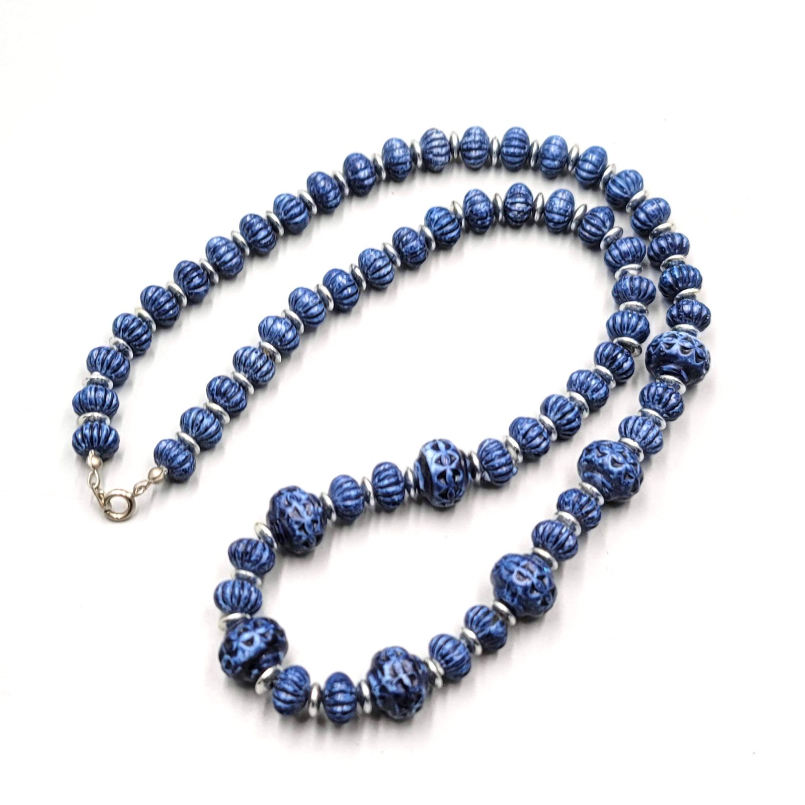 Vintage Textured Blue Bead Necklace Silver tone Spacers 24"