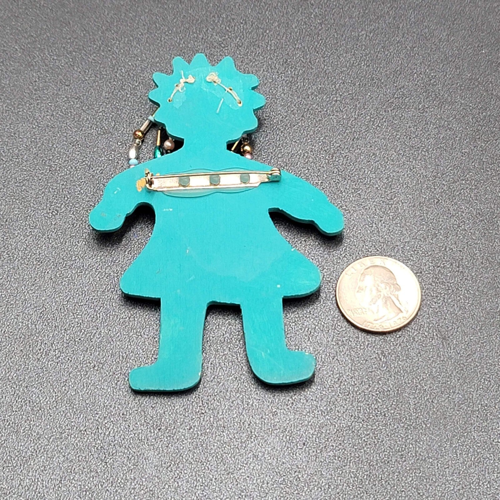 Vintage Brooch Large Handmade Girl Figure Painted Beaded Hair 4"