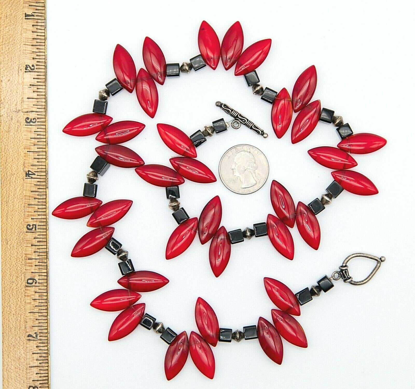 Red Black Hand Crafted Toggle Clasp Beaded Necklace 21.5"