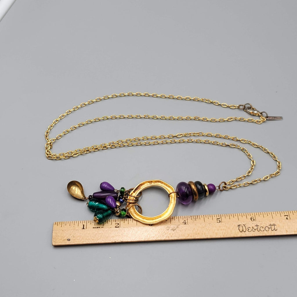 Casual Corner Long Pendant Necklace Gold tone Purple Glass Beads 36"
