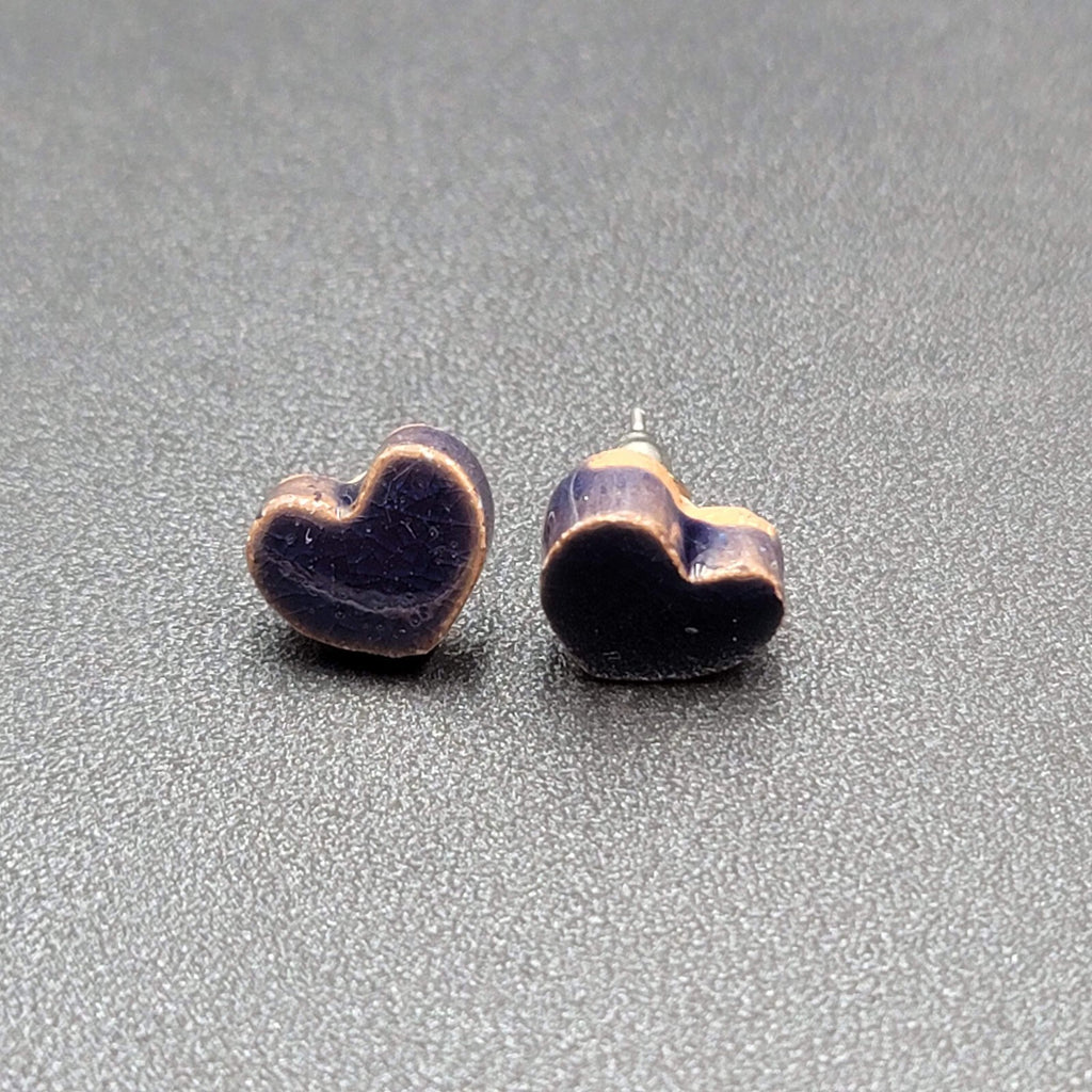 Heart Pierced Earrings Purple Pottery Studs 1/2"