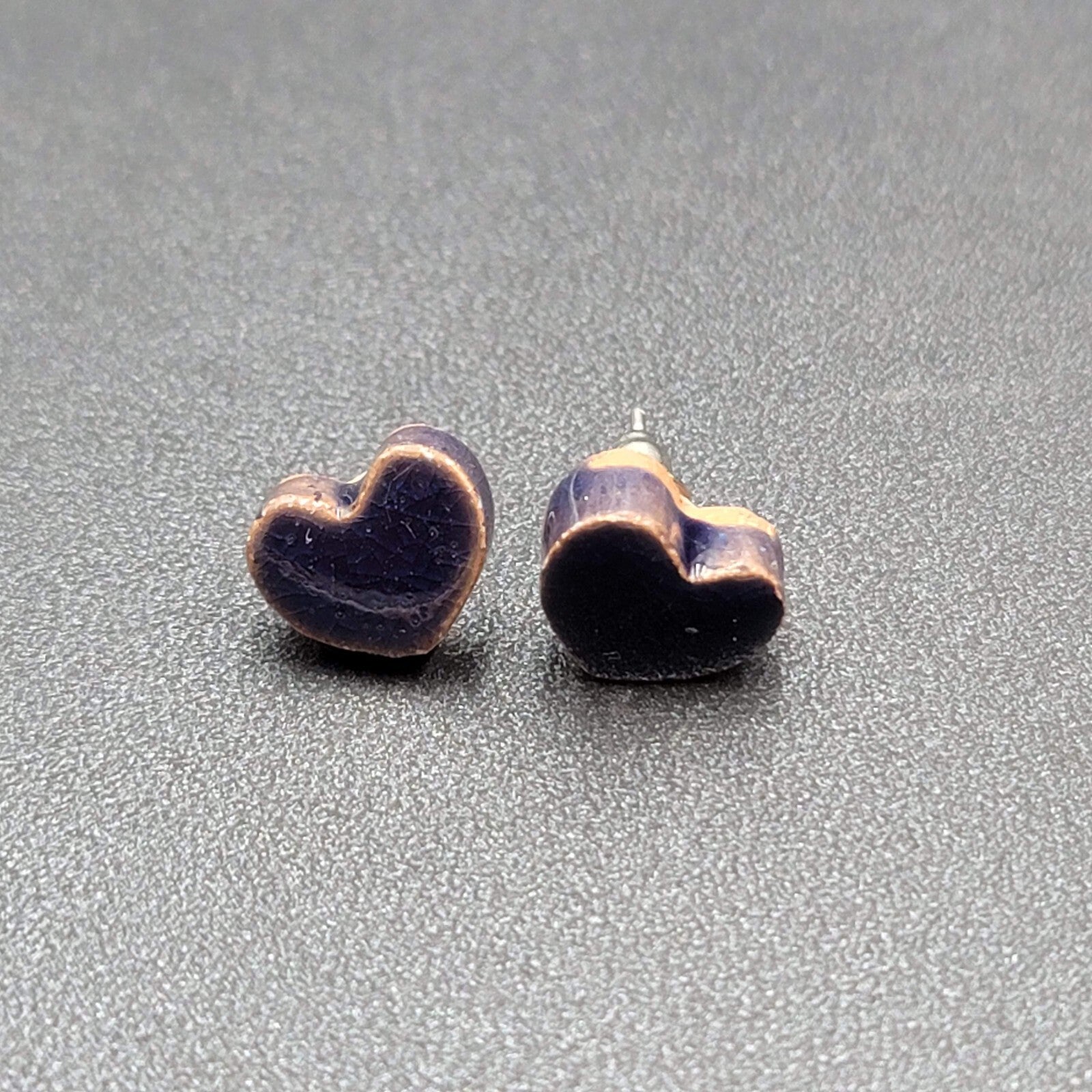 Heart Pierced Earrings Purple Pottery Studs 1/2"