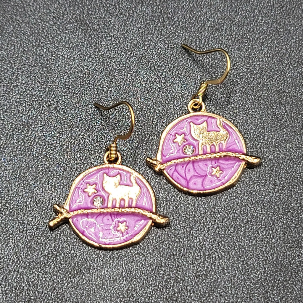New Cat Pierced Earrings Gold tone Purple Enamel Moon Crystal Dangle 7/8"