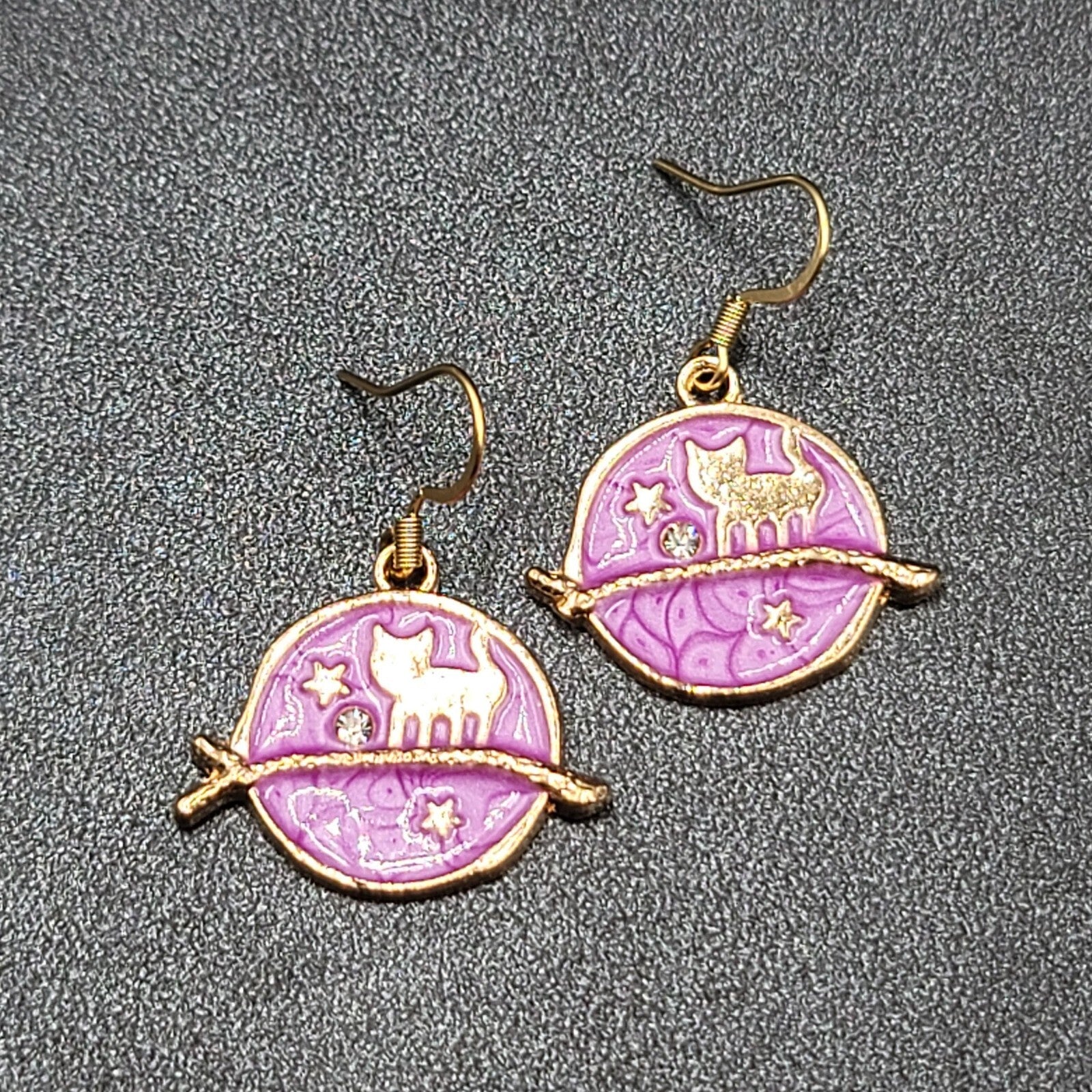 New Cat Pierced Earrings Gold tone Purple Enamel Moon Crystal Dangle 7/8"