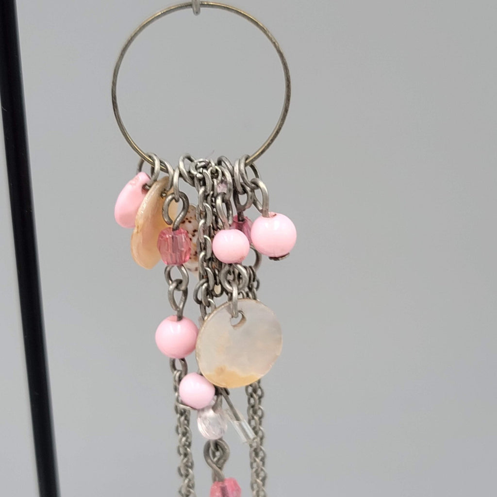 Pink Bead Seashell Pierced Earrings Silver tone Long Dangle Chains 3.25"
