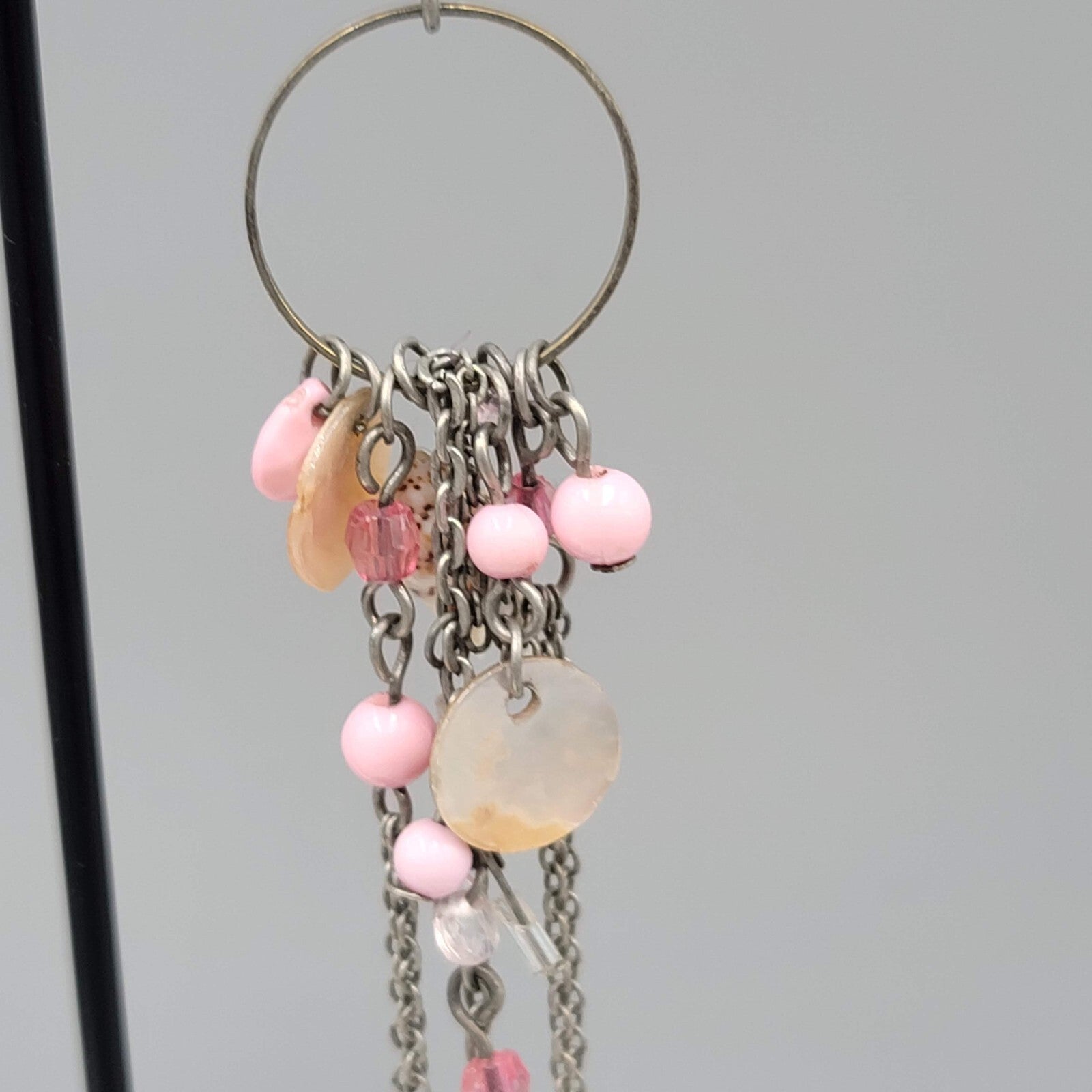 Pink Bead Seashell Pierced Earrings Silver tone Long Dangle Chains 3.25"