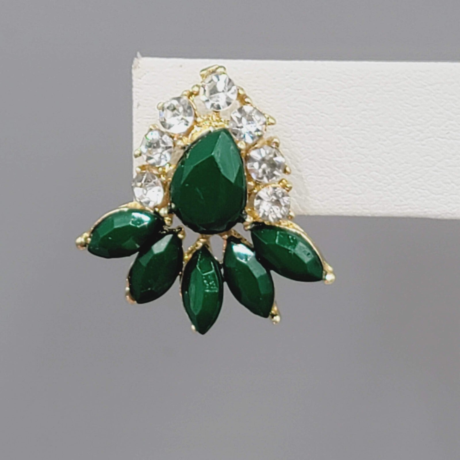 Pierced Earrings Gold tone Green Accent Statement Drop 1"