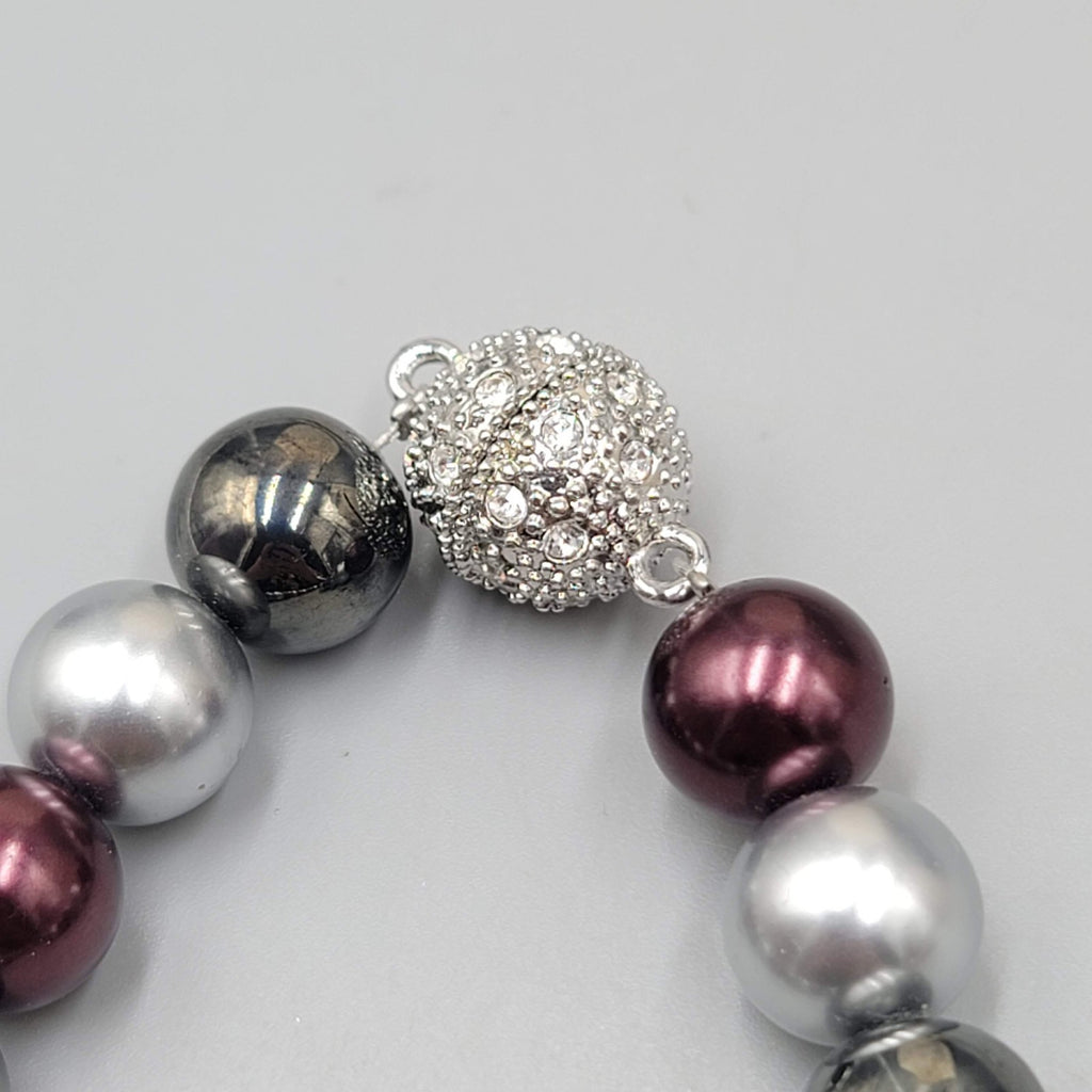Large Bead Necklace Purple Gray Black Rhinestone Magnet Closure 16"