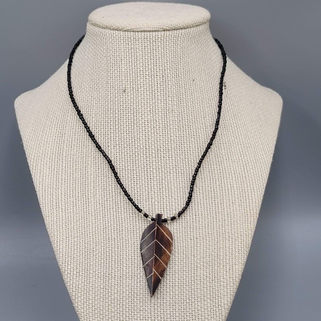 Hand Carved Leaf Pendant Necklace Black Seed Bead 16"