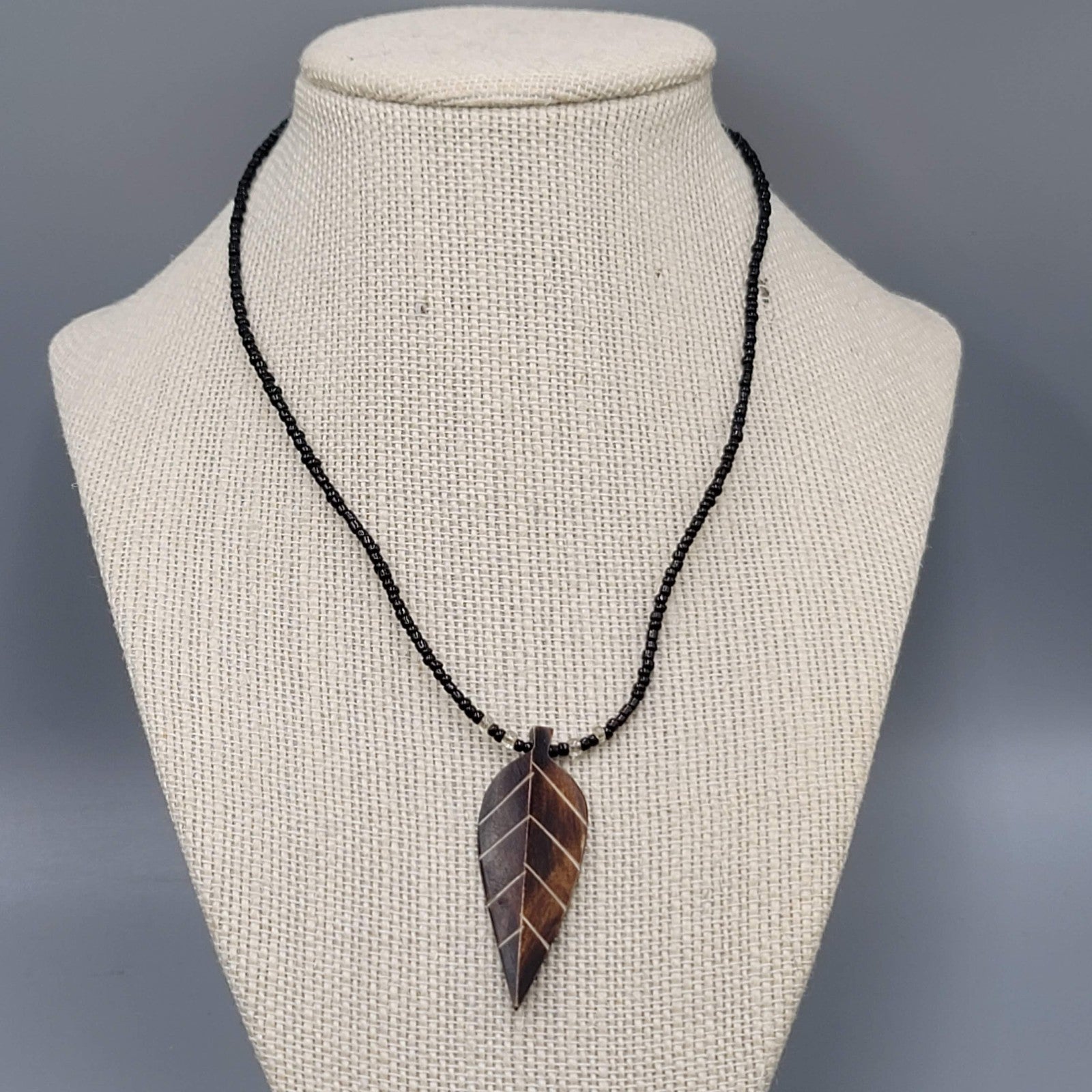Hand Carved Leaf Pendant Necklace Black Seed Bead 16"