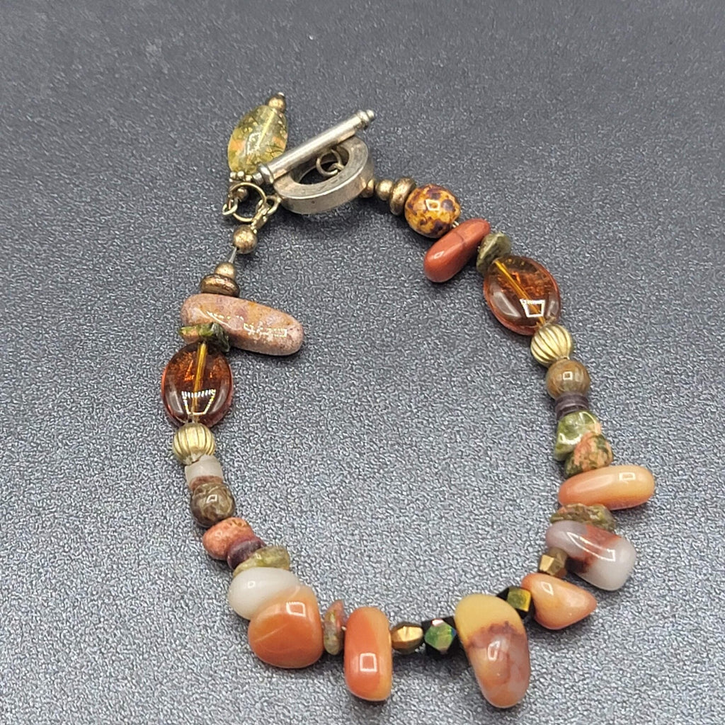 Carnelian Stone Bracelet Agate Silver tone Multi Polished Gemstone 7.25"