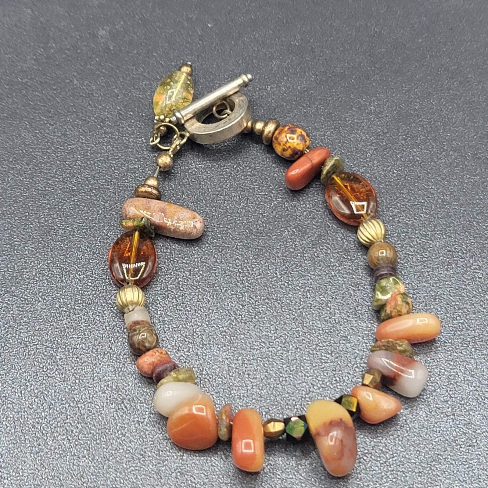 Carnelian Stone Bracelet Agate Silver tone Multi Polished Gemstone 7.25"