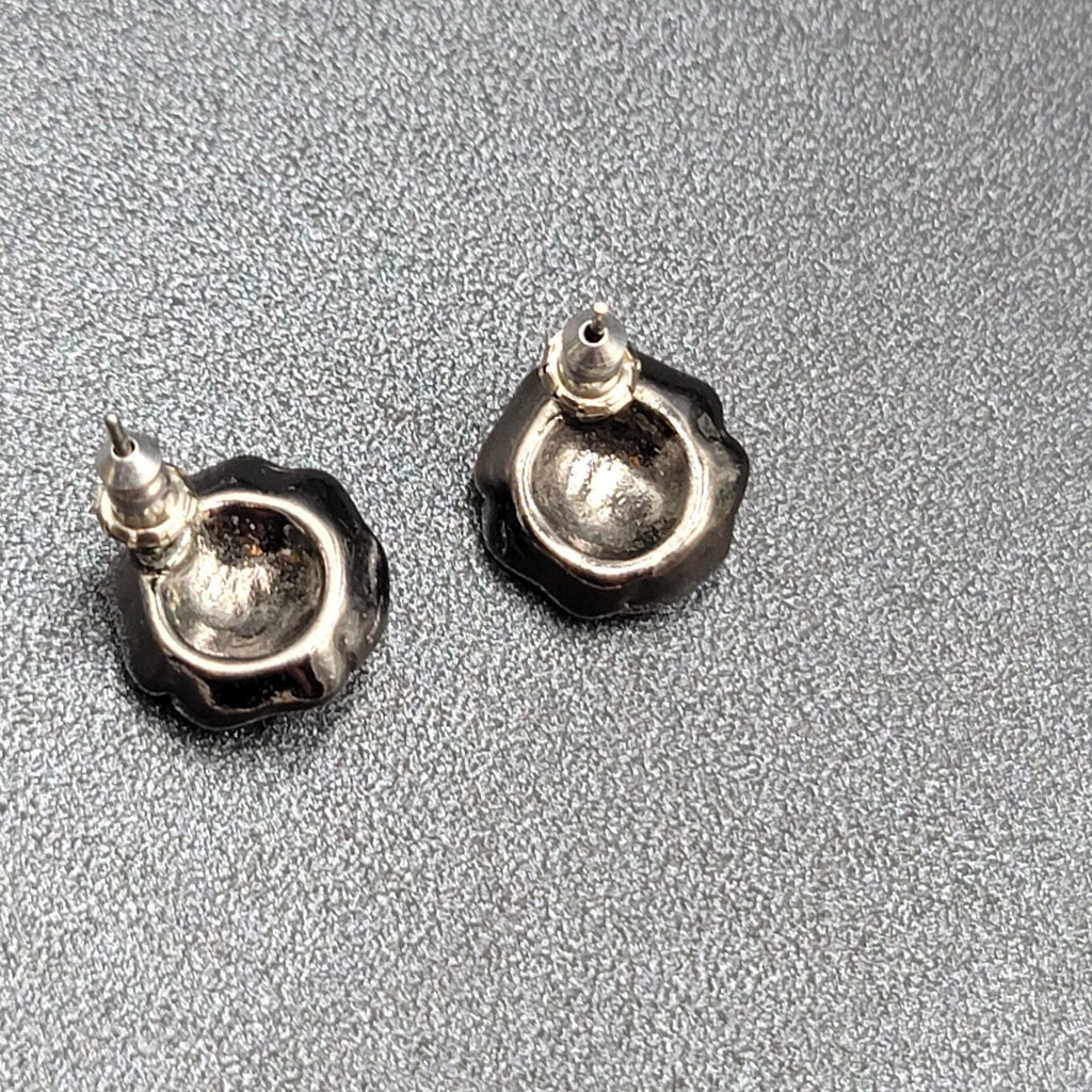 Pierced Earrings Black Metal Rose Flower Studs Crystal Center 1/2"
