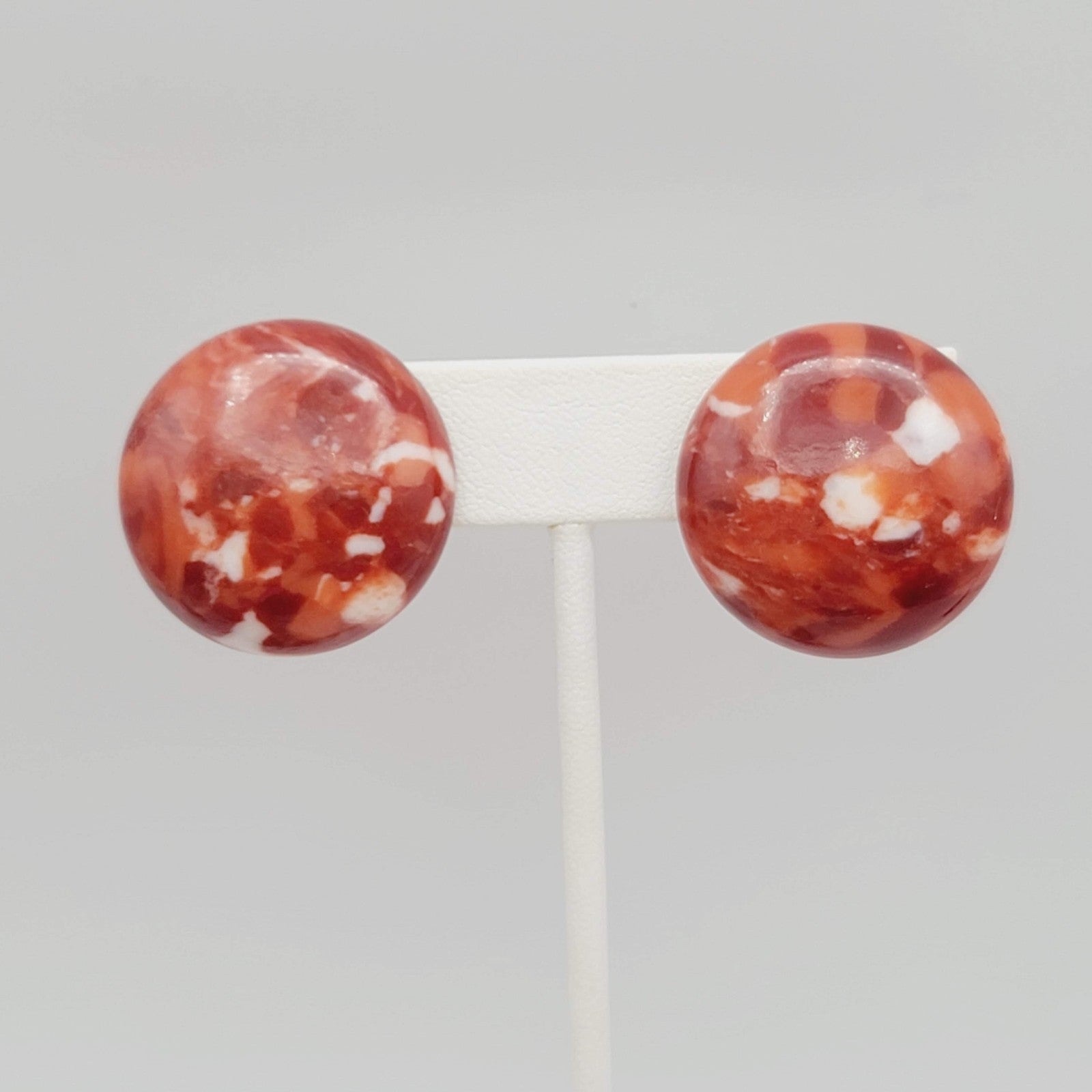 Vintage Confetti Red Round Clip on Earrings Acrylic Drop 1 1/8 in