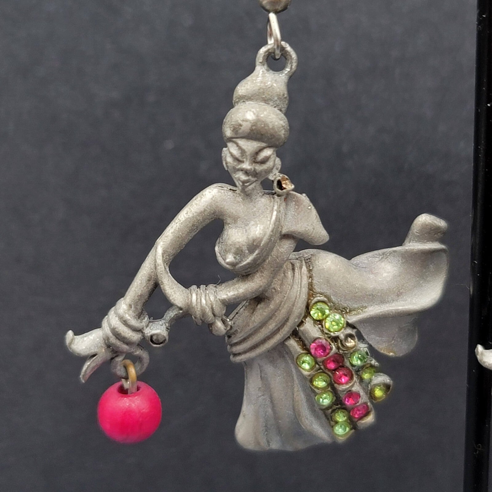 Vintage Dancer Pierced Earrings Lady Pewter Rhinestone 1.75"